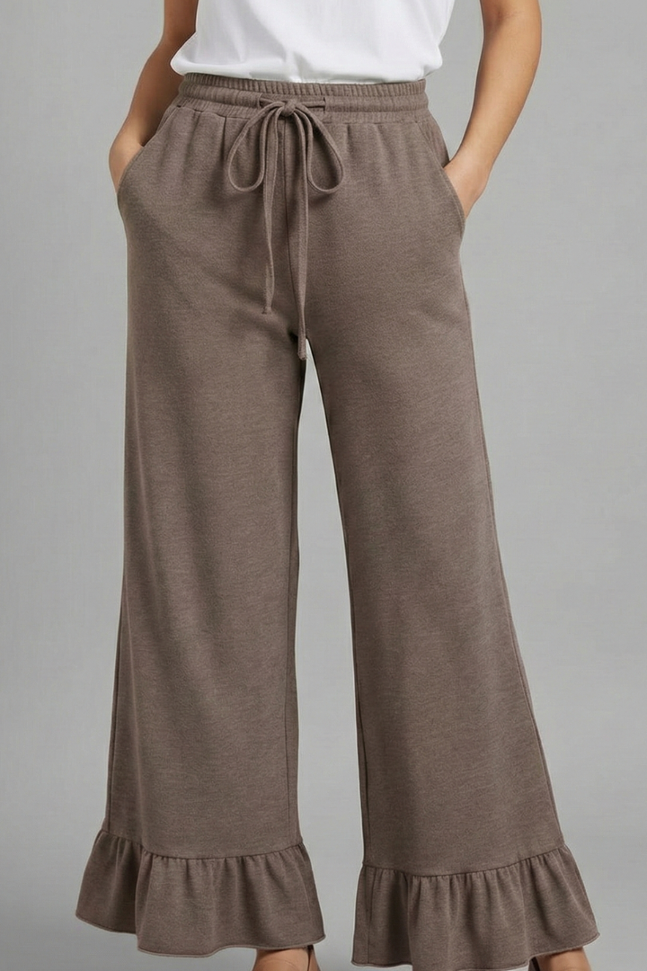 Women’s Palazzo Trousers with Ruffle Hem and Drawstring Waist
