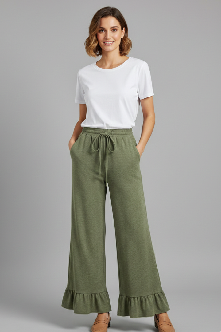 Women’s Palazzo Trousers with Ruffle Hem and Drawstring Waist