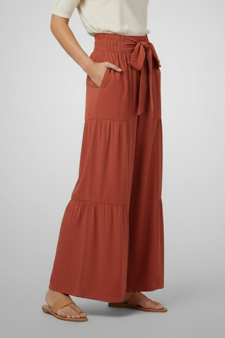 Women’s Palazzo Trousers with Tie Belt and Ruffle Panels