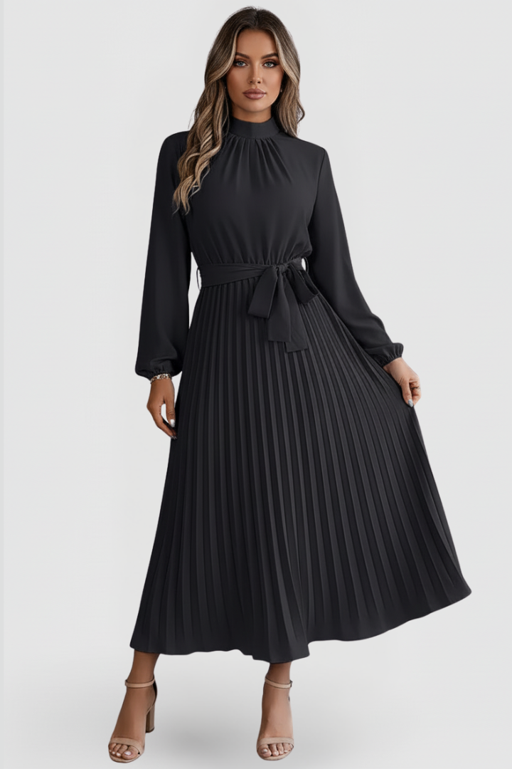 Women’s Pleated Dress with Long Sleeves and Waist Tie