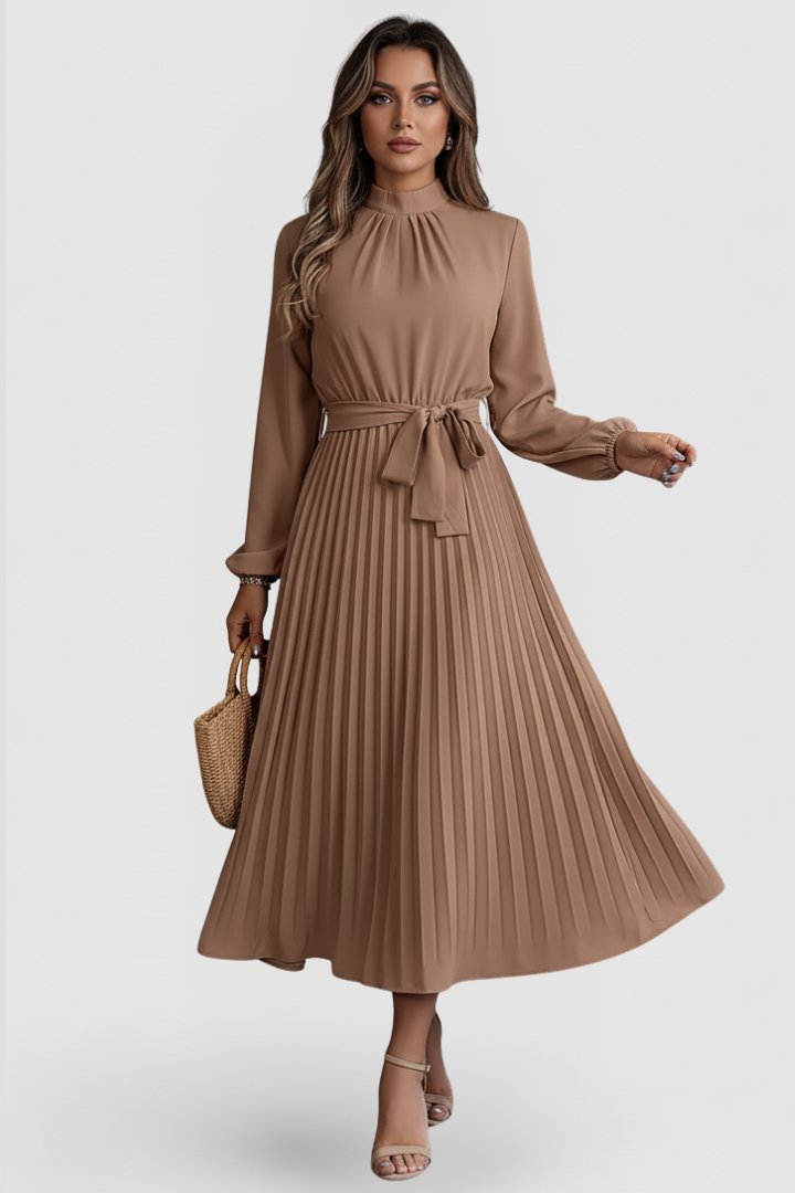 Women’s Pleated Dress with Long Sleeves and Waist Tie