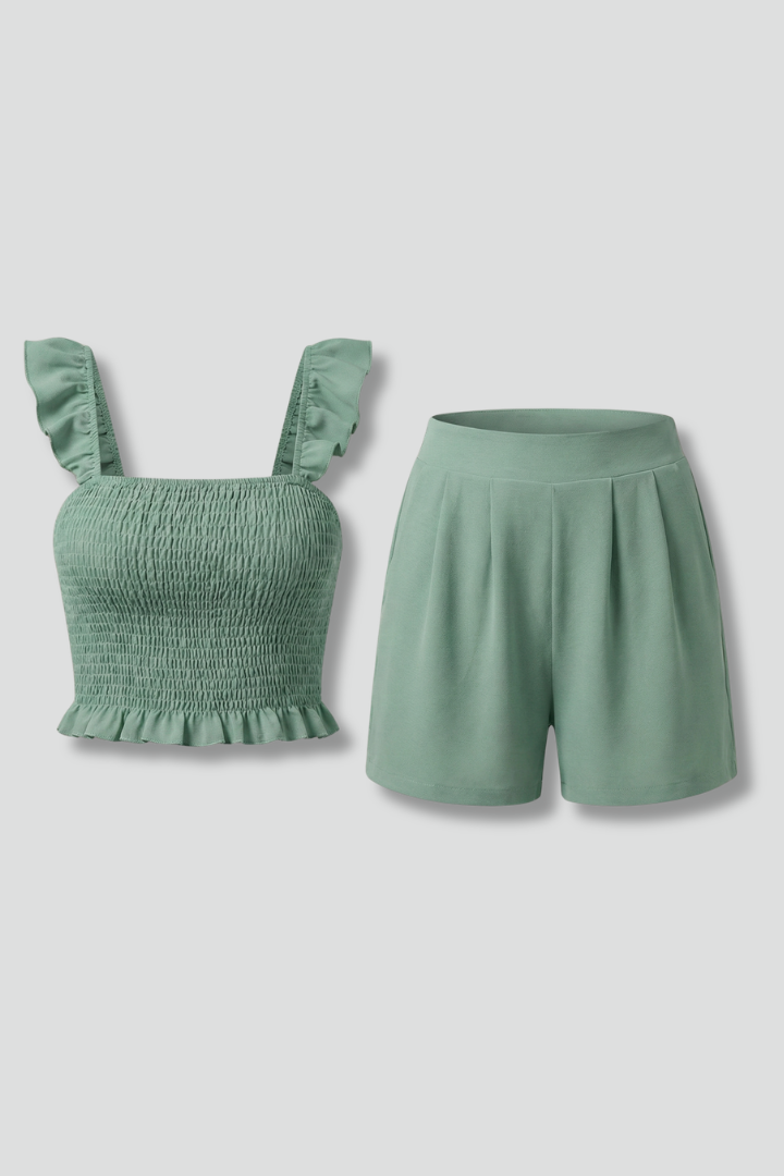 Women’s Ruffle Top and Shorts Set with Sleeveless Cut and Elastic Waist