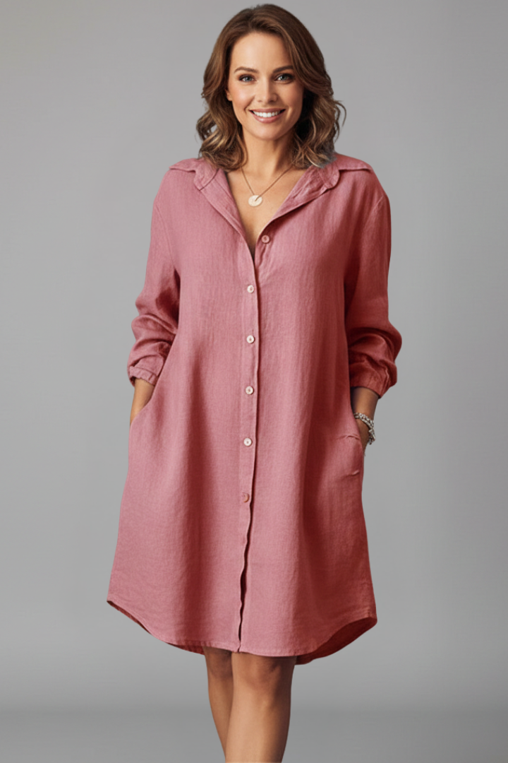 Women’s Shirt Dress with Turned Collar and Button Closure