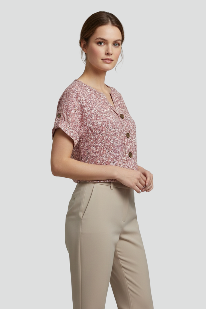Women’s Short-Sleeved Blouse with Buttons and Printed Surface