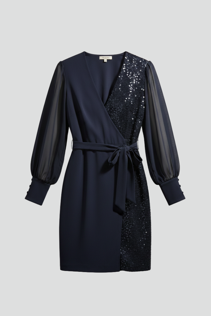 Women’s Short Dress with V Neckline and Long Sleeves