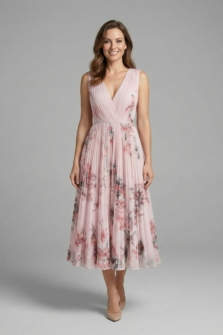 Women’s Sleeveless Dress with V-Neck and Pleated Skirt
