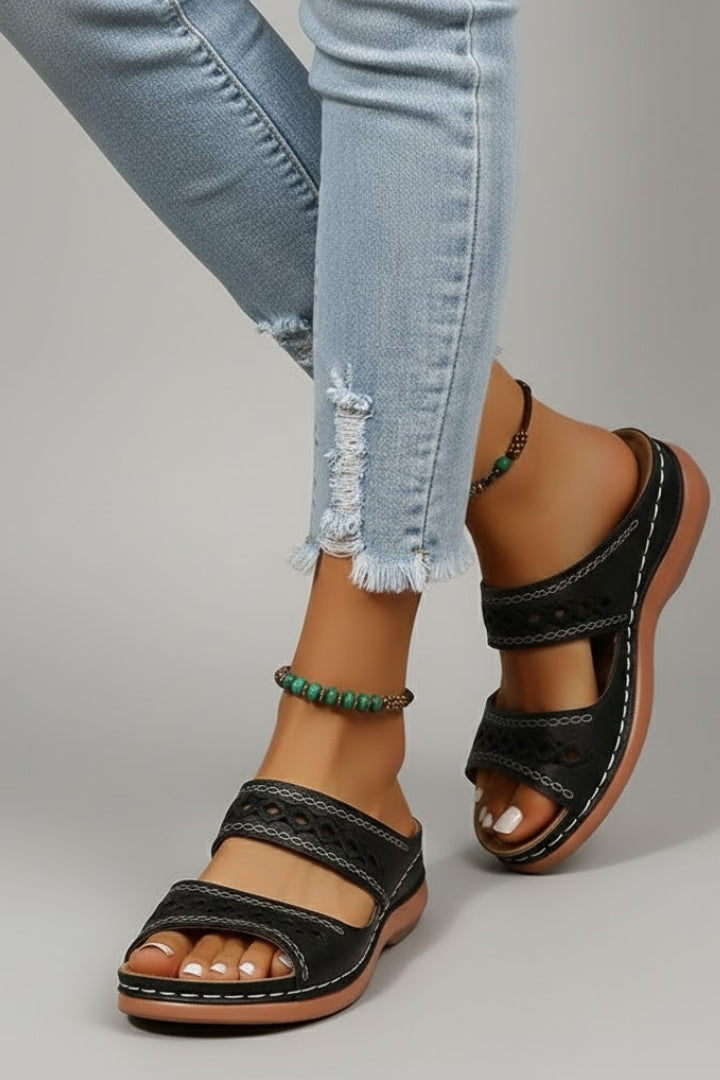 Women’s Slide Sandals with Dual Straps and Decorative Cutouts
