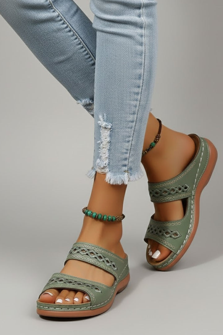 Women’s Slide Sandals with Dual Straps and Decorative Cutouts