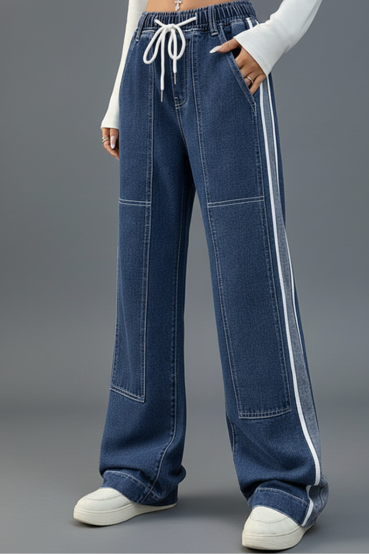Women’s Straight-Leg Trousers with Drawstring Waist and Side Stripe