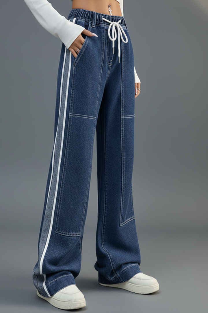 Women’s Straight-Leg Trousers with Drawstring Waist and Side Stripe