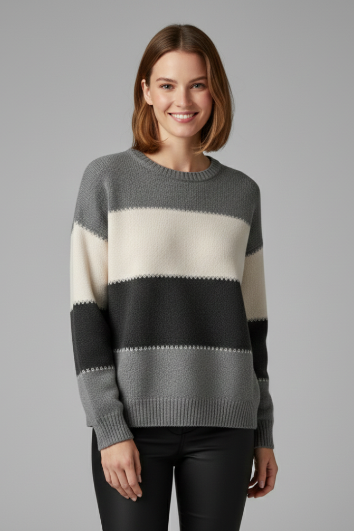 Women's Striped Knit Sweater with Round Neck and Ribbed Trim