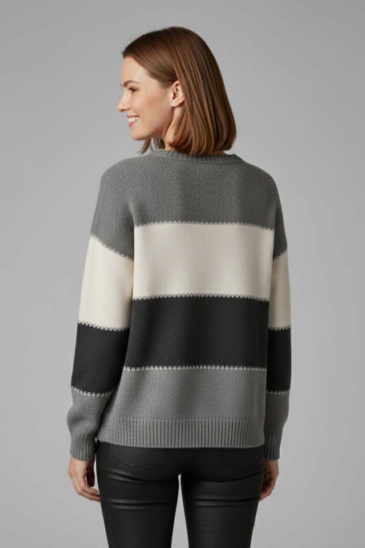 Women's Striped Knit Sweater with Round Neck and Ribbed Trim