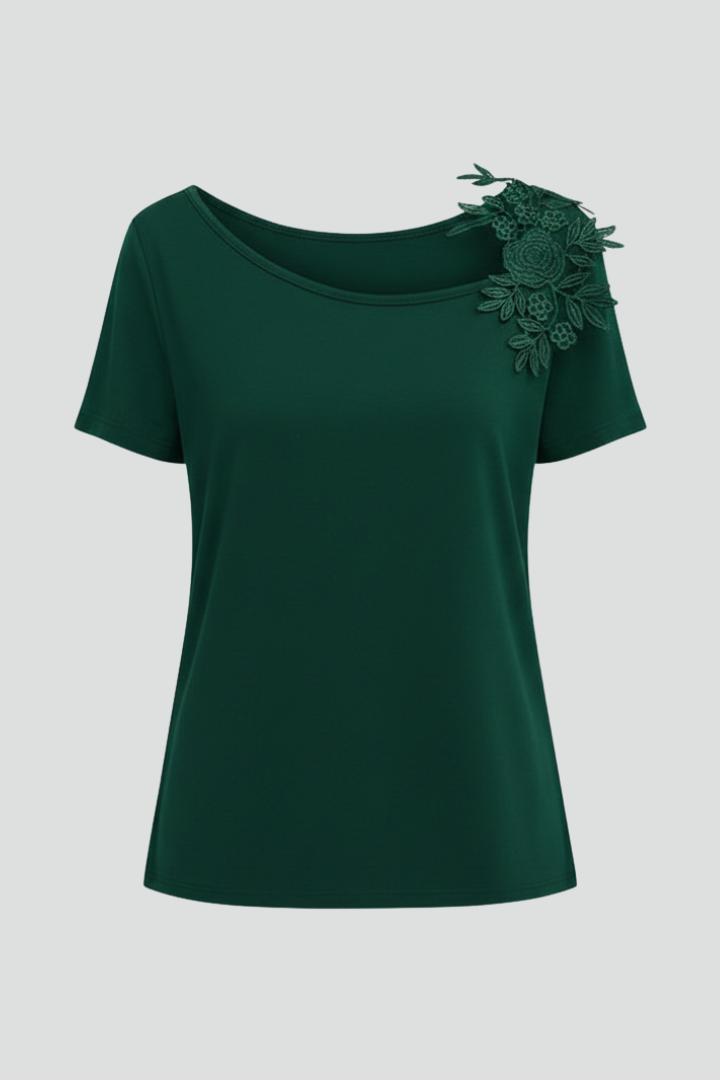 Women’s T-Shirt with Cold Shoulder and Floral Applique