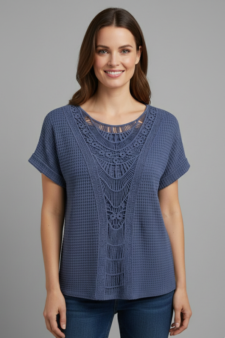 Women’s T-Shirt with Lace Inserts and Round Neckline