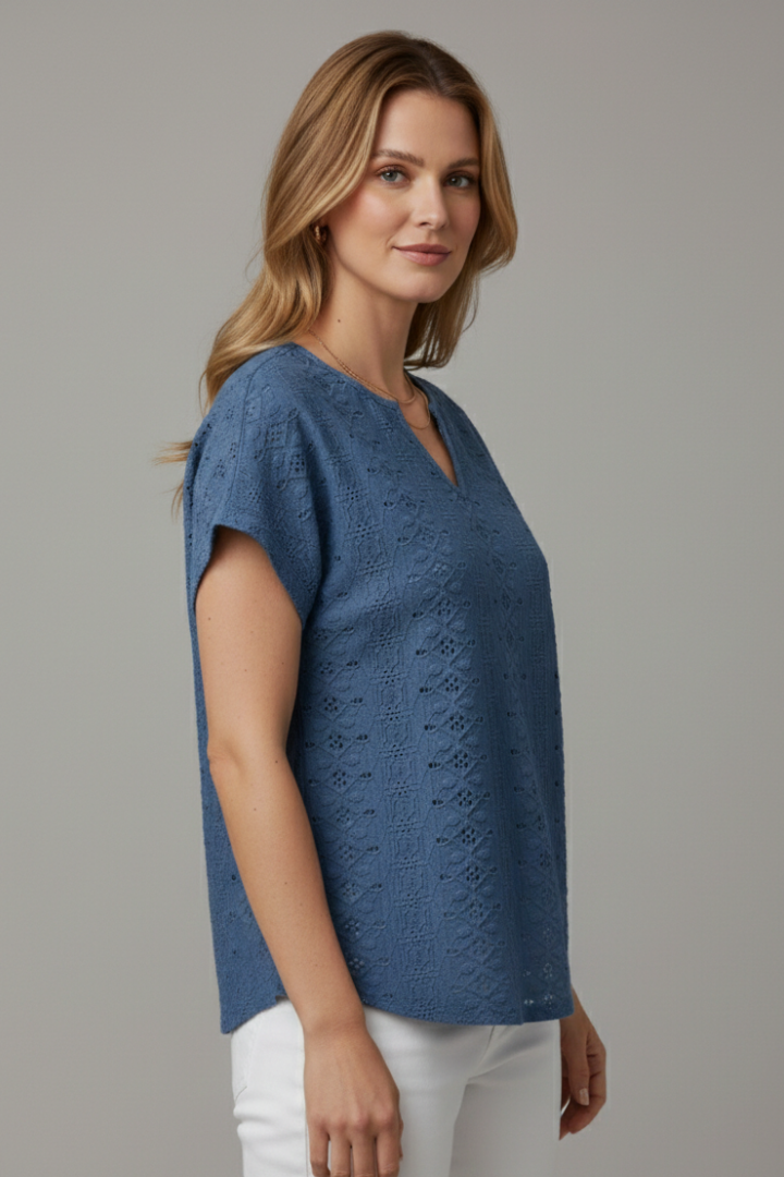 Women’s T-Shirt with Notched Neckline and Eyelet Surface
