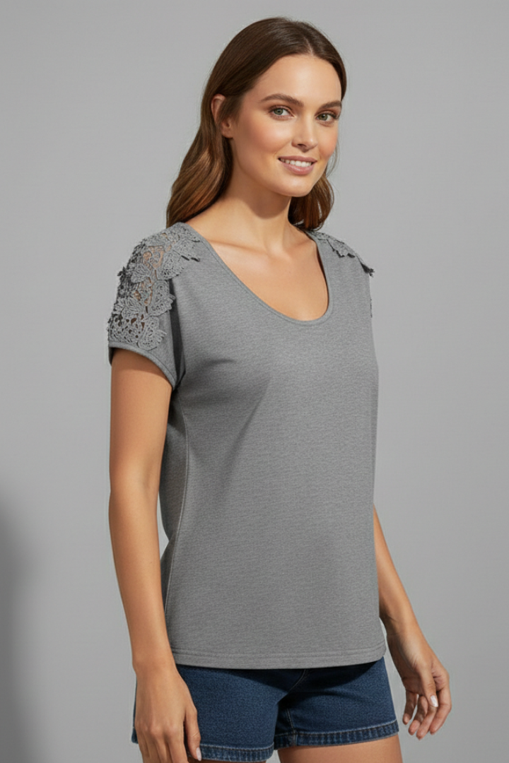 Women’s T-Shirt with Round Neckline and Lace Shoulders