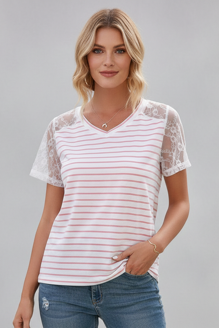Women’s T-Shirt with Round Neckline and Lace Sleeves