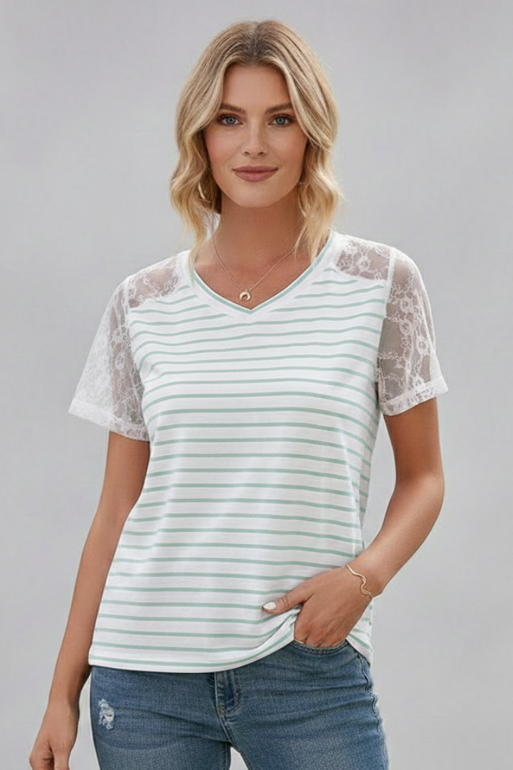 Women’s T-Shirt with Round Neckline and Lace Sleeves