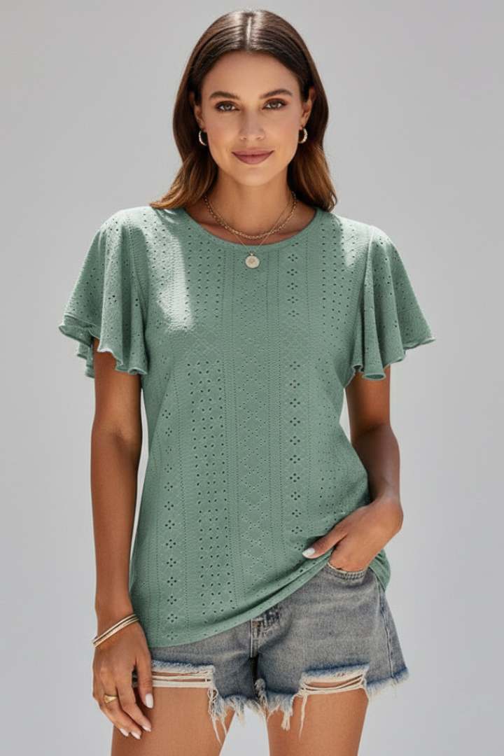 Women’s T-Shirt with Round Neckline and Ruffle Sleeves