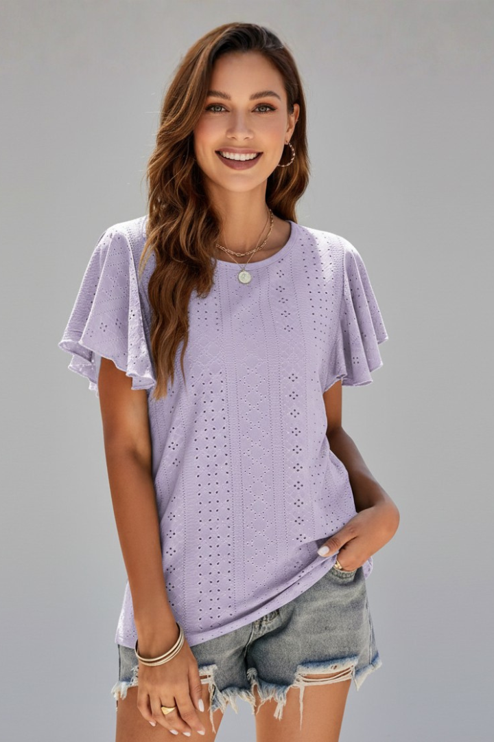 Women’s T-Shirt with Round Neckline and Ruffle Sleeves