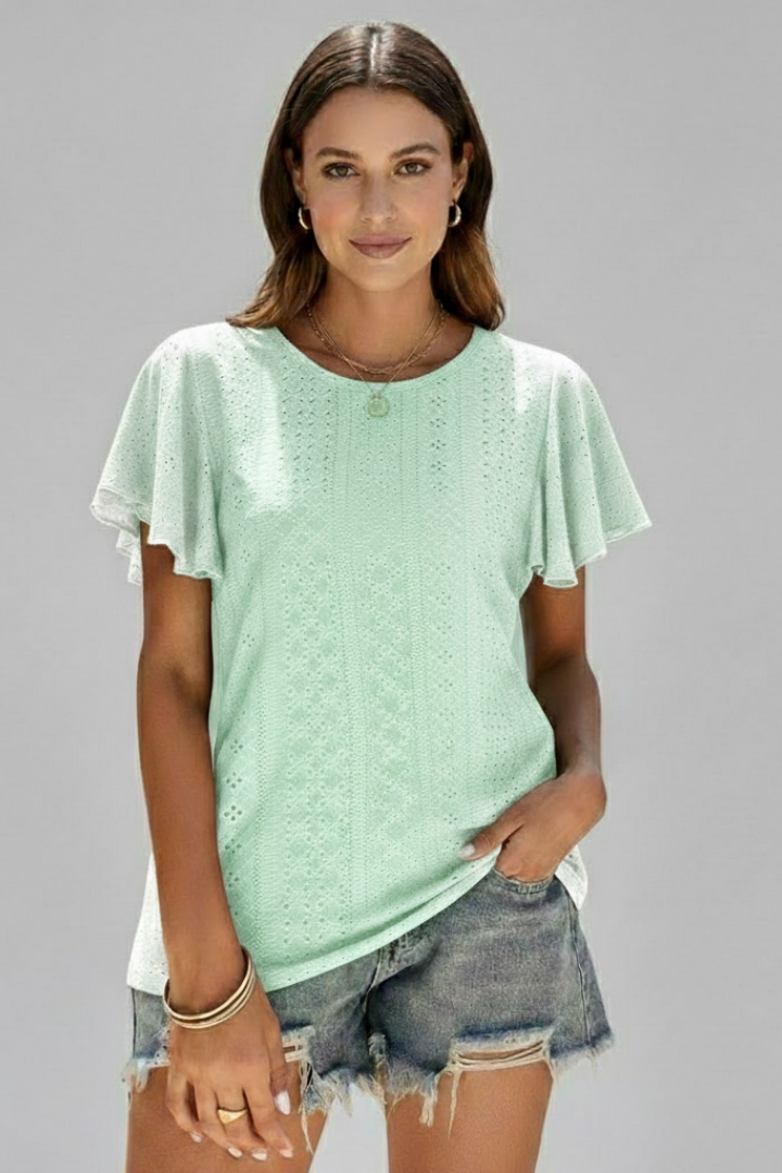 Women’s T-Shirt with Round Neckline and Ruffle Sleeves