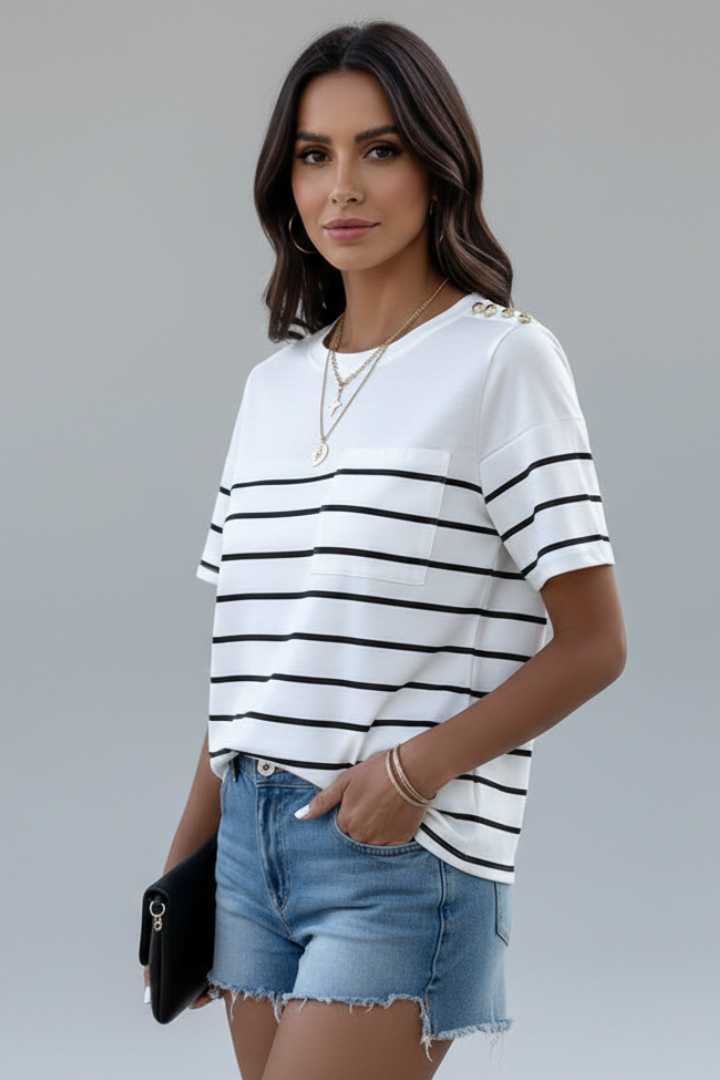 Women’s T-Shirt with Stripe Pattern and Shoulder Buttons