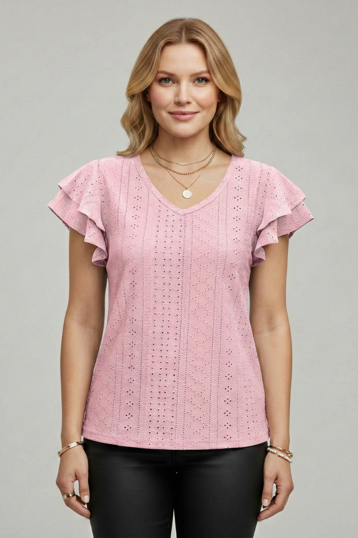 Women’s T-Shirt with V Neckline and Ruffle Sleeves