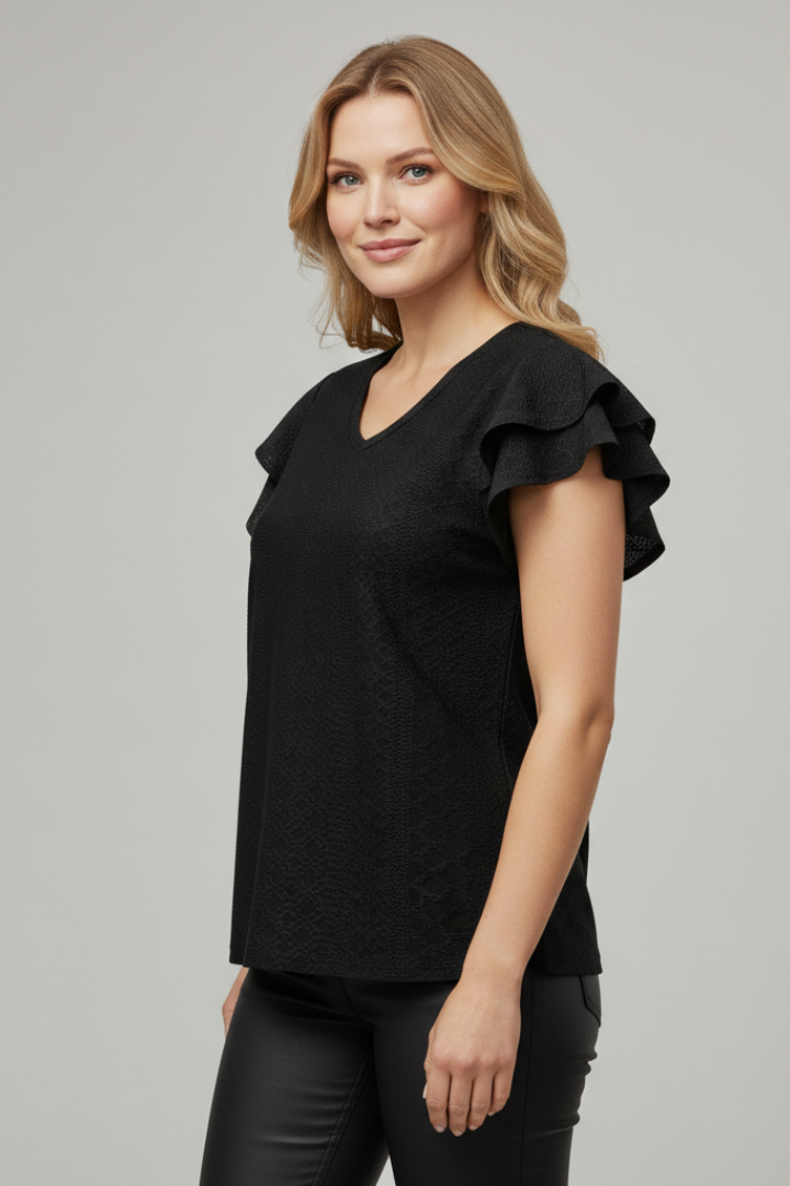 Women’s T-Shirt with V Neckline and Ruffle Sleeves