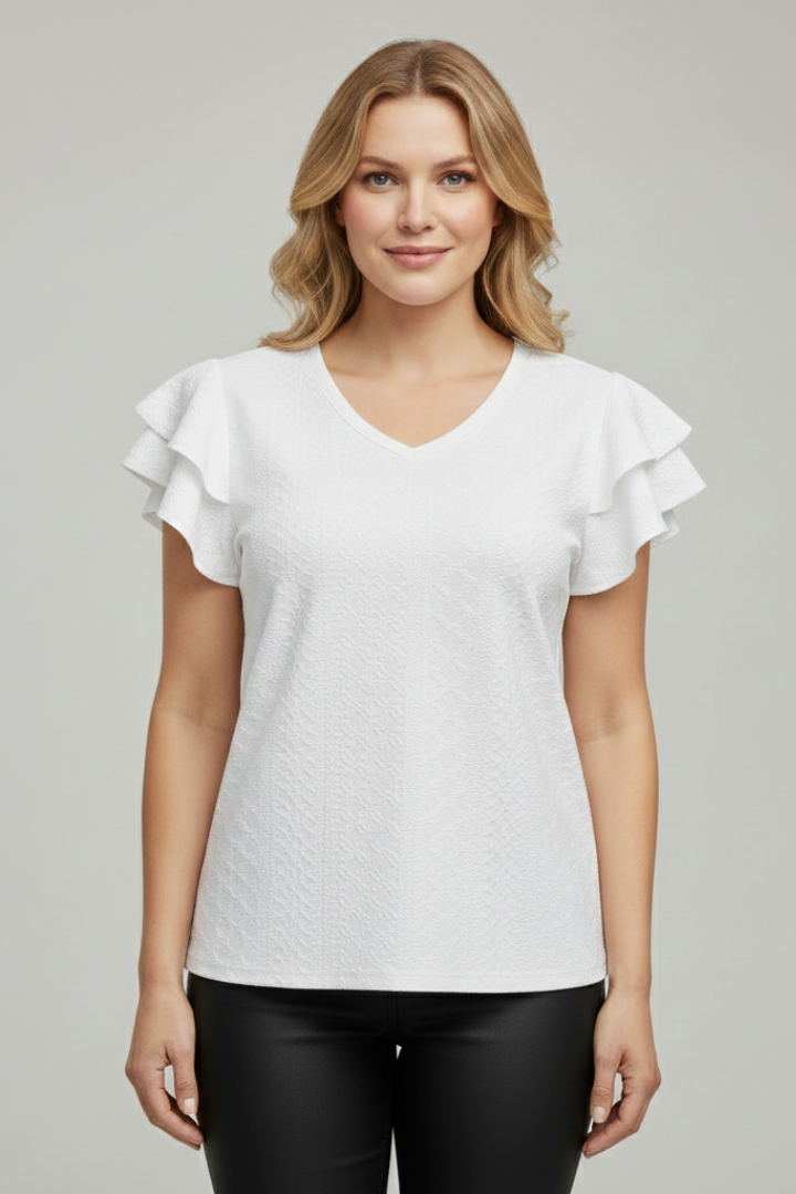 Women’s T-Shirt with V Neckline and Ruffle Sleeves
