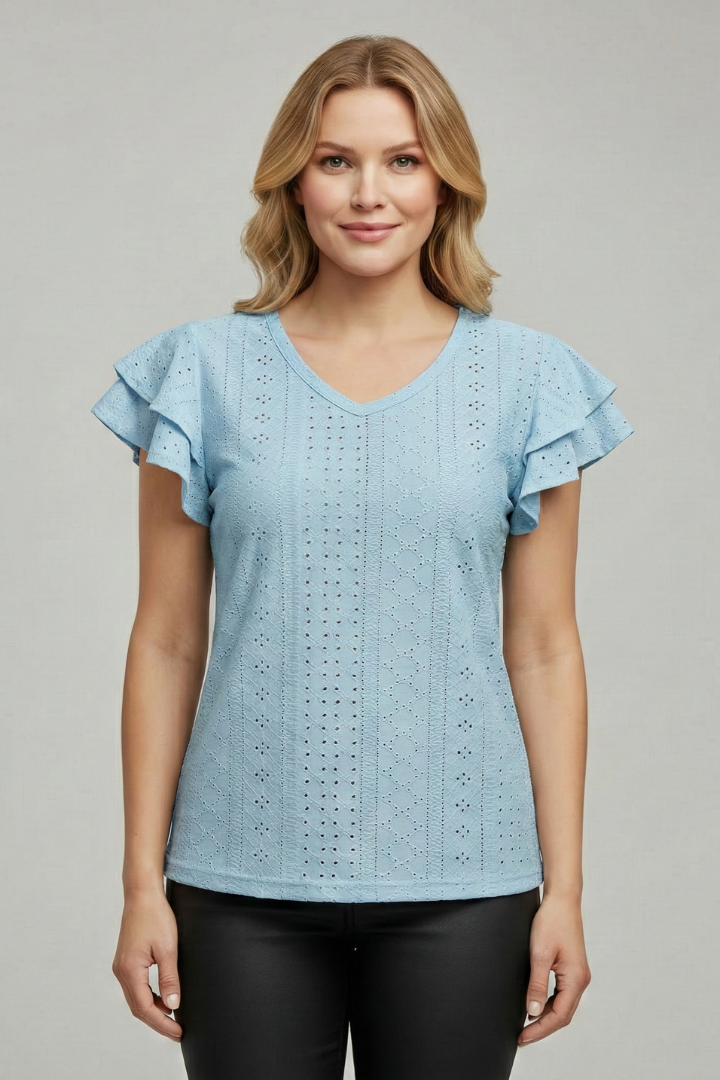 Women’s T-Shirt with V Neckline and Ruffle Sleeves