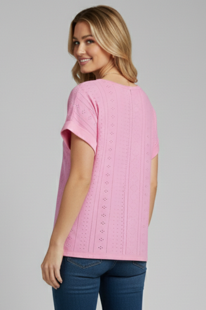 Women’s T-shirt with Round Neckline and Eyelet Pattern