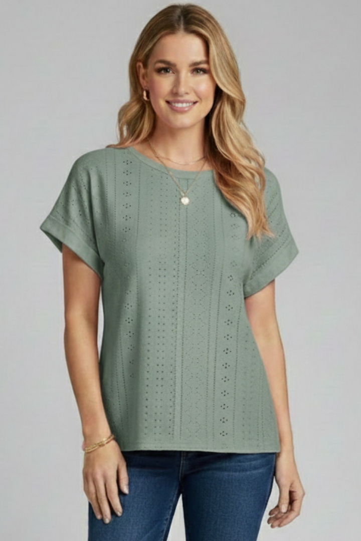 Women’s T-shirt with Round Neckline and Eyelet Pattern