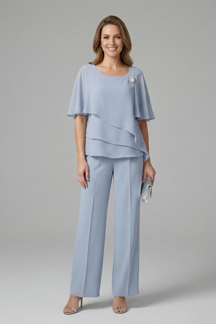 Women’s Top and Trousers Set with Layered Top and Straight Legs
