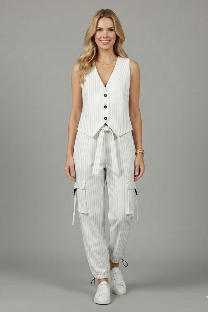 Women’s Trouser Set with Button Vest and Elastic Waist