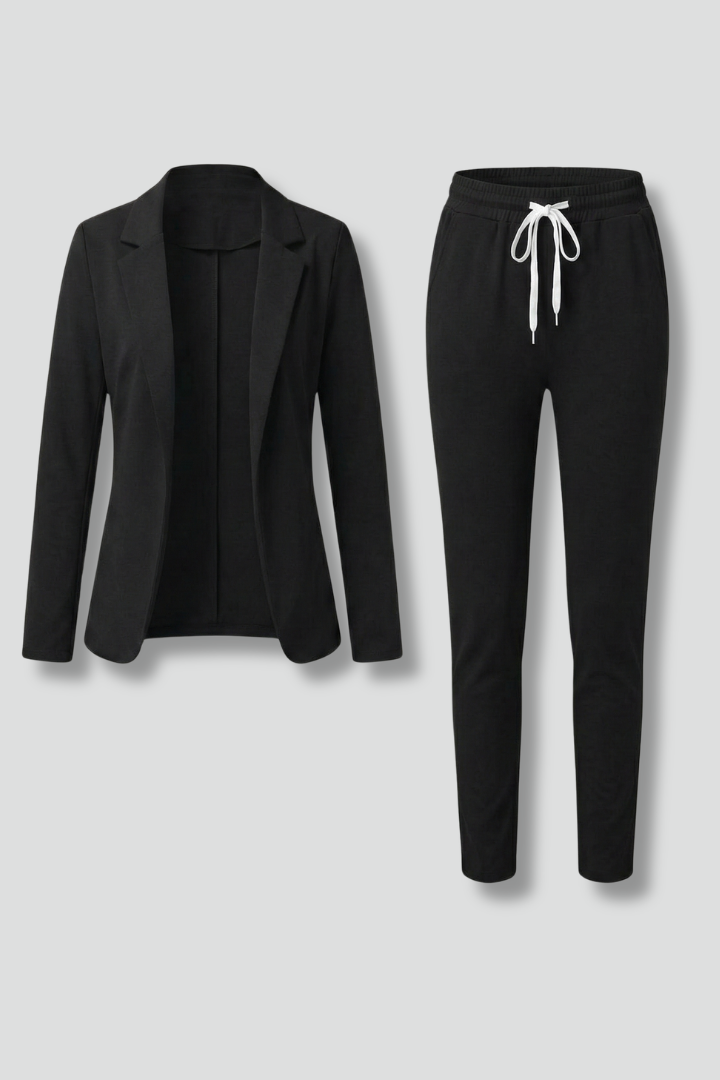 Women’s Trouser Set with Lapel Collar and Elastic Waistband