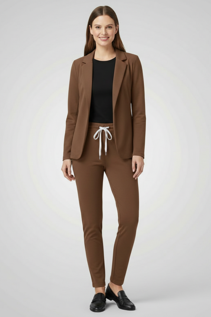 Women’s Trouser Set with Lapel Collar and Elastic Waistband