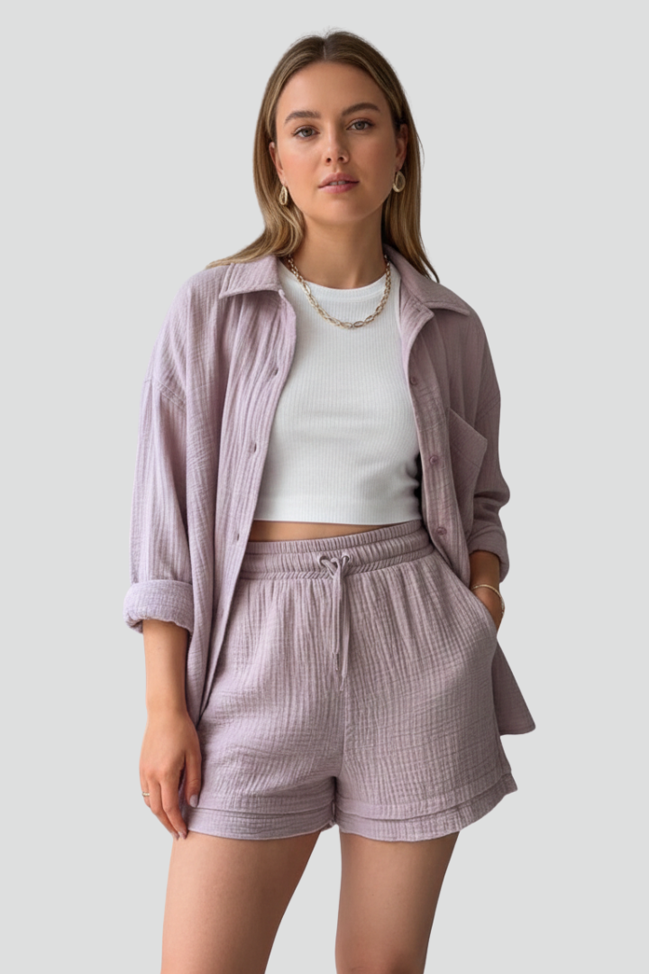 Women’s Two-Piece Set with Button Shirt and Drawstring Shorts