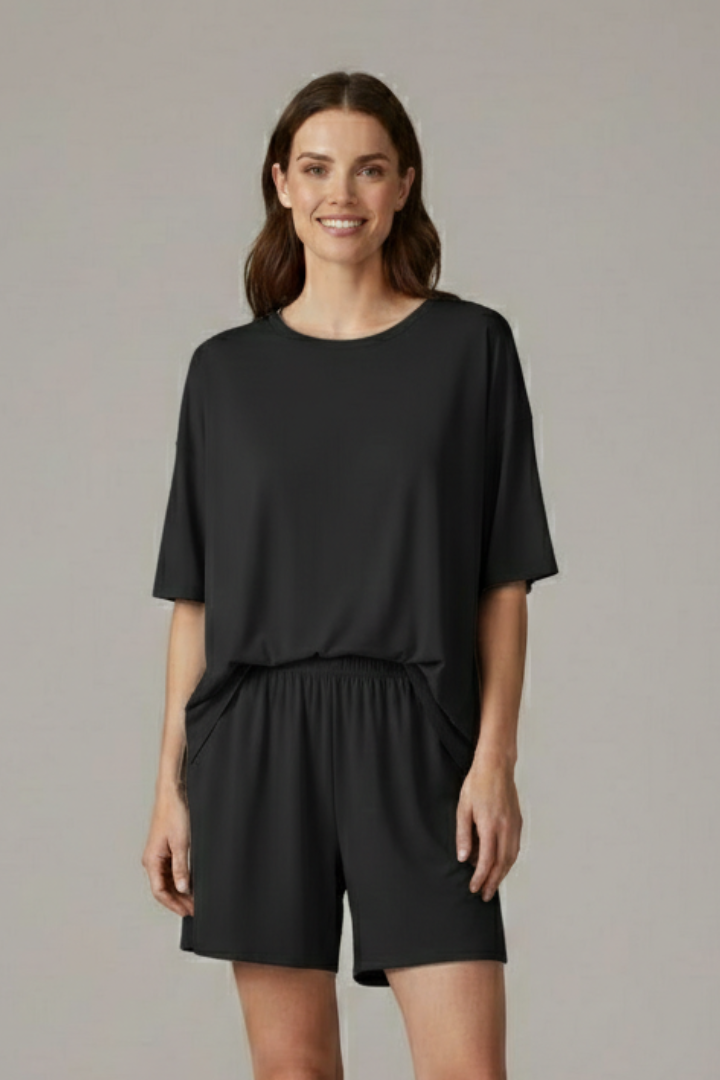 Women’s Two-Piece Set with Crew Neck Top and Loose Shorts