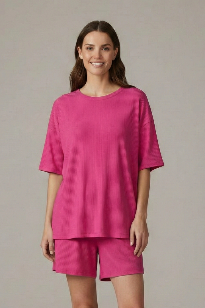 Women’s Two-Piece Set with Crew Neck Top and Loose Shorts