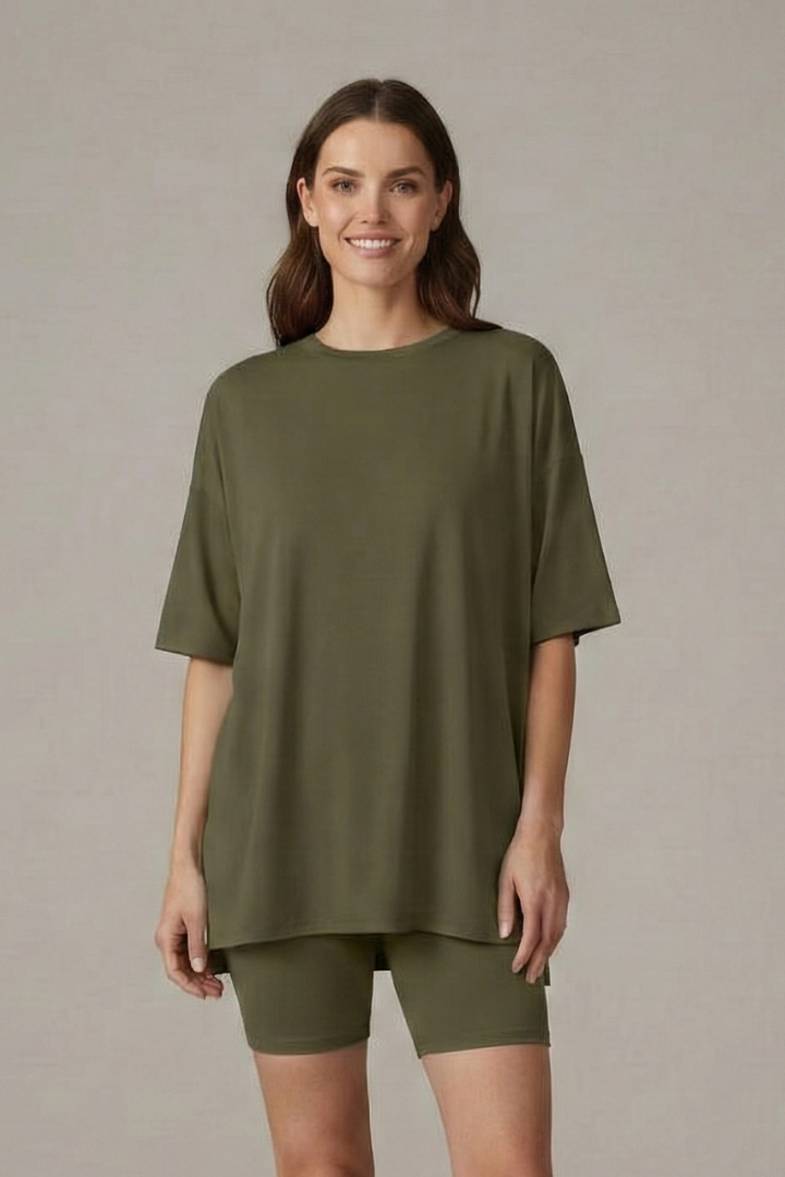 Women’s Two-Piece Set with Crew Neck Top and Loose Shorts