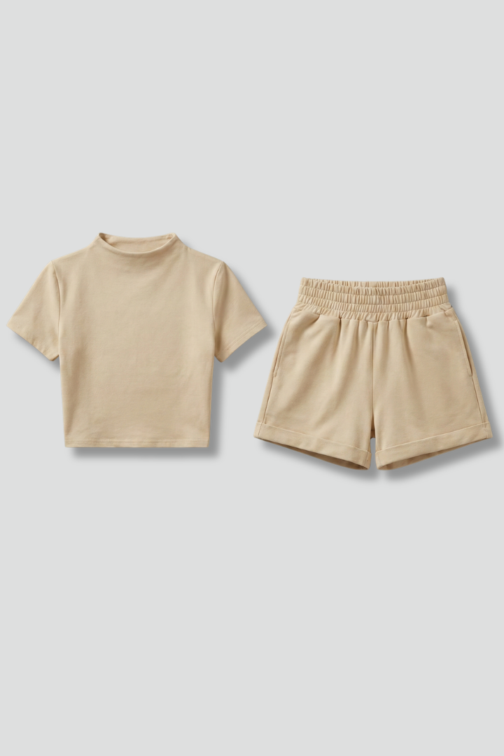 Women’s Two-Piece Set with Crop Top and Elastic Waist Shorts