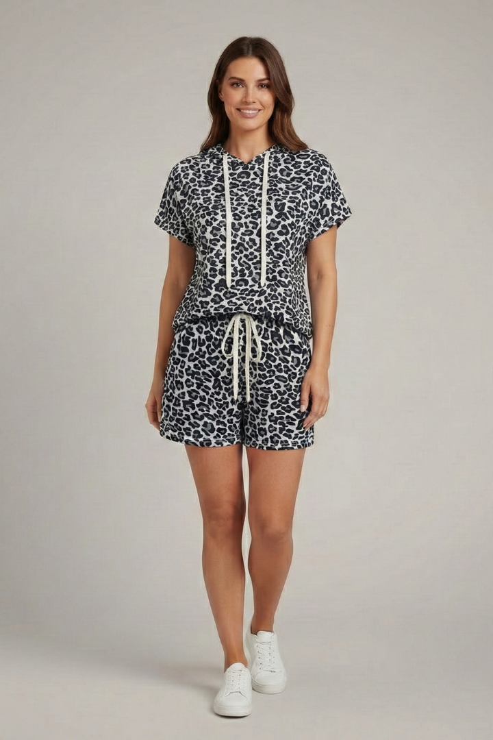 Women’s Two-Piece Set with Hooded Top and Elastic Shorts
