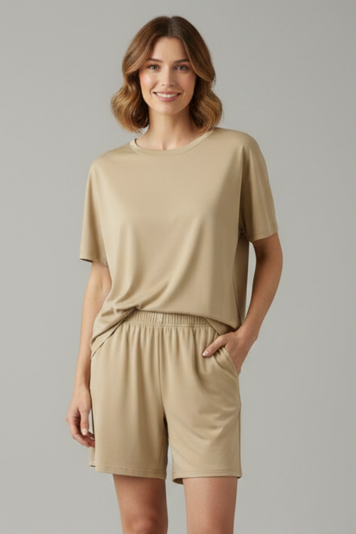 Women’s Two-Piece Set with Round Neck Top and Elastic Waist Shorts