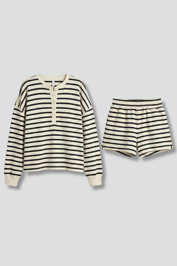Women’s Two-Piece Set with Striped Top and Elastic Waist Shorts