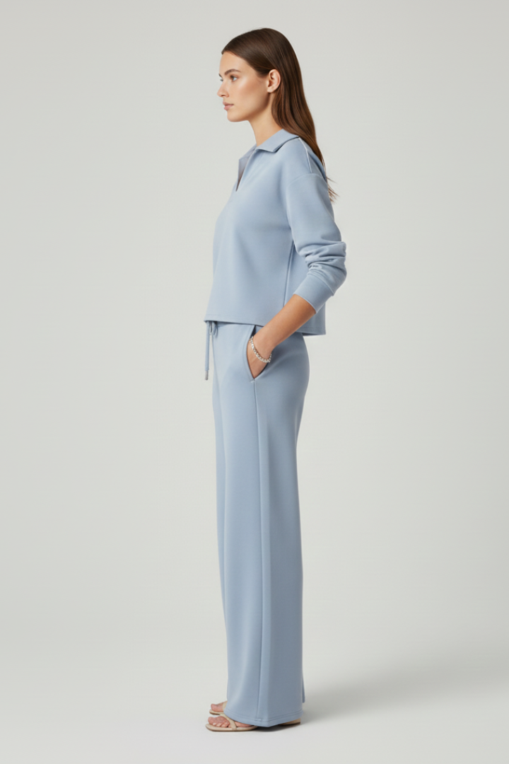 Women’s Two-Piece Set with V-Neck Top and Wide-Leg Pants