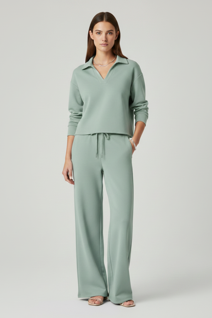 Women’s Two-Piece Set with V-Neck Top and Wide-Leg Pants