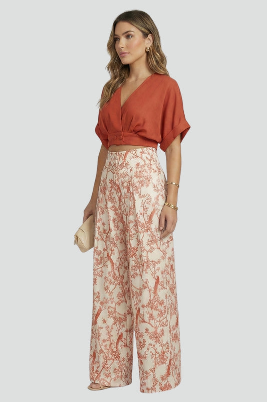 Women’s Two-Piece Set with V-Neck Top and Wide-Leg Trousers