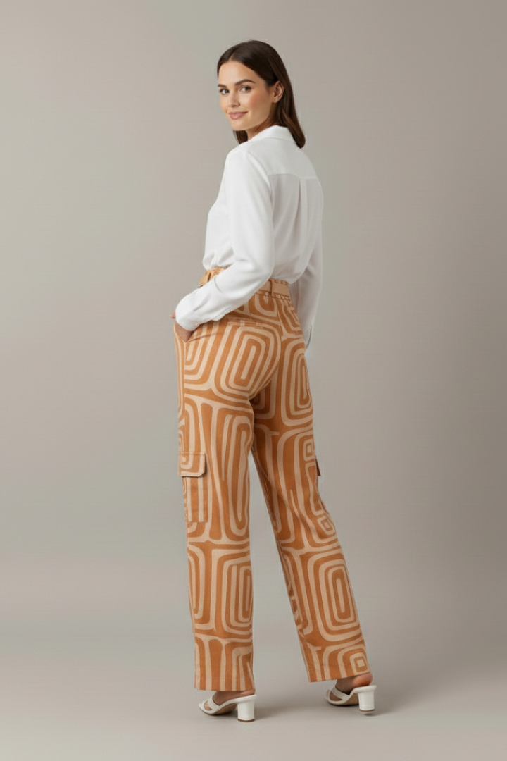 Women’s Two Piece Set with Collared Blouse and Printed Trousers