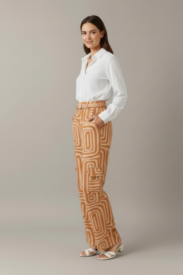 Women’s Two Piece Set with Collared Blouse and Printed Trousers