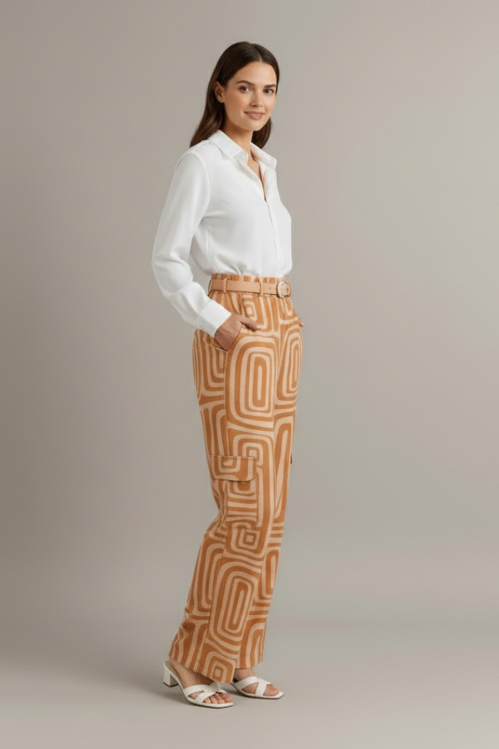 Women’s Two Piece Set with Collared Blouse and Printed Trousers